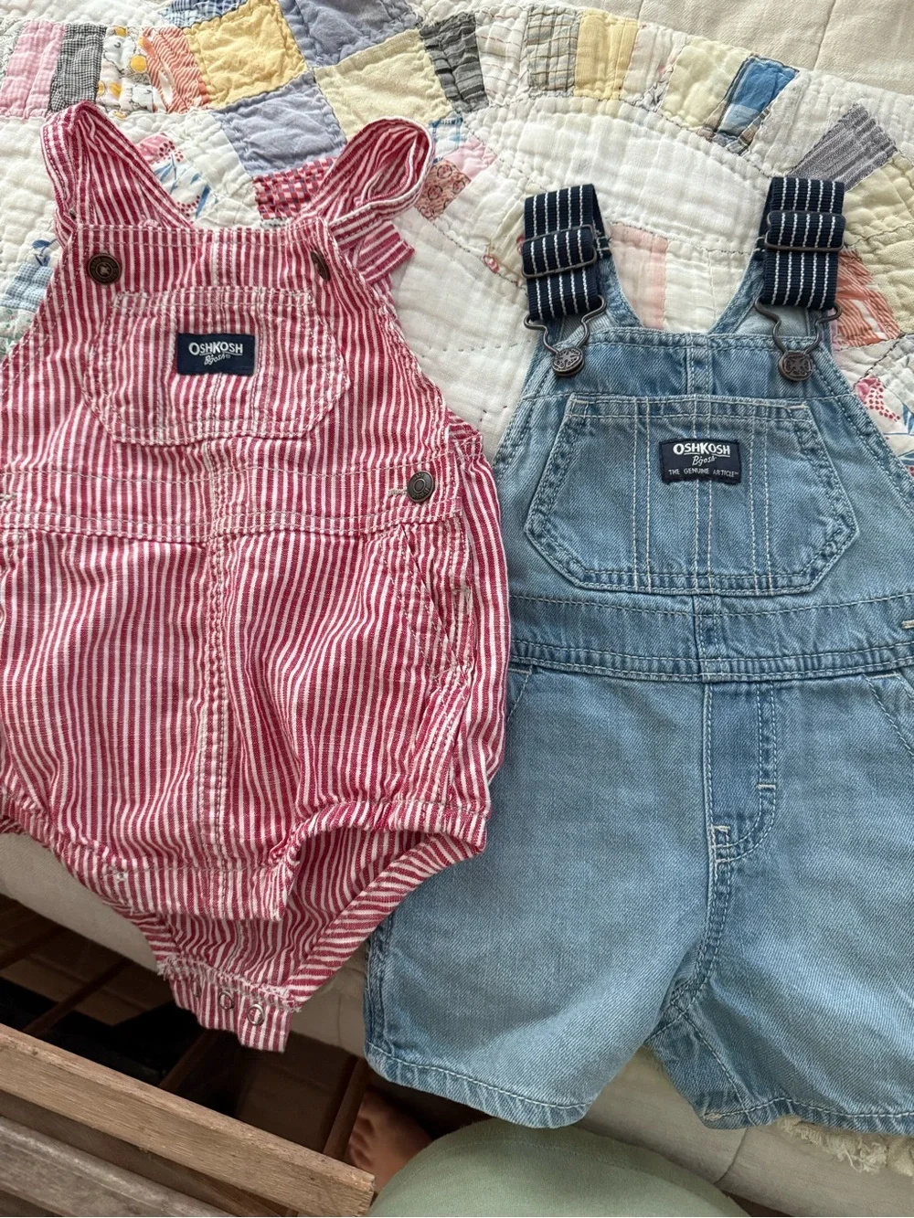 OshKosh B'gosh Red Striped Romper & Light Blue Denim Short Overalls
